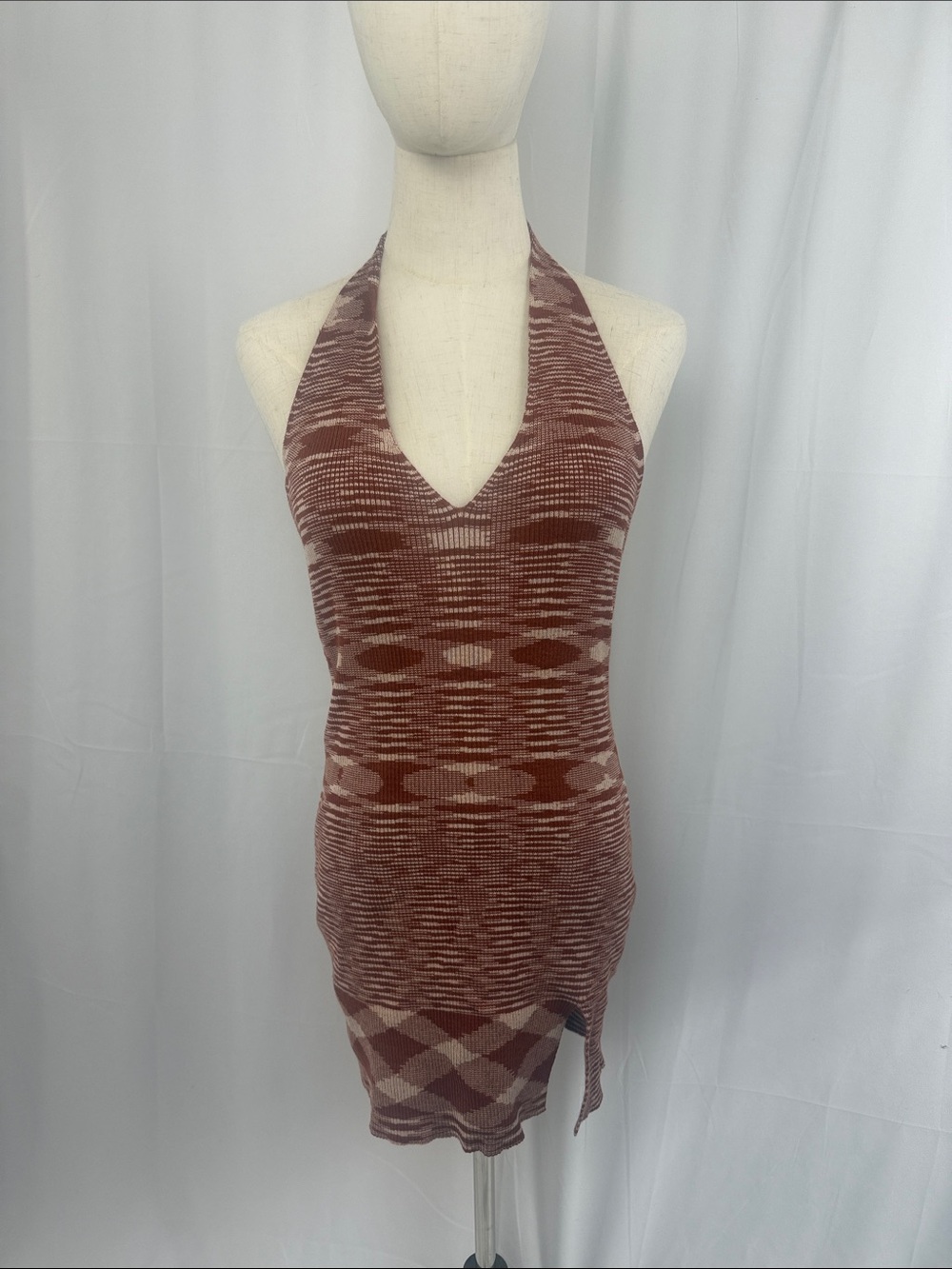 Knit Halter Bodycon Mini Dress in brown and Cream